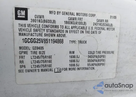 2005 Chevrolet Express z USA, uszkodzony, nr VIN 1GCGG25V851194868